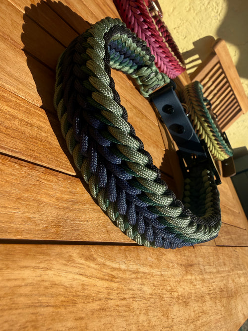 Handmade Rustic Paracord Collar - Blues & Green